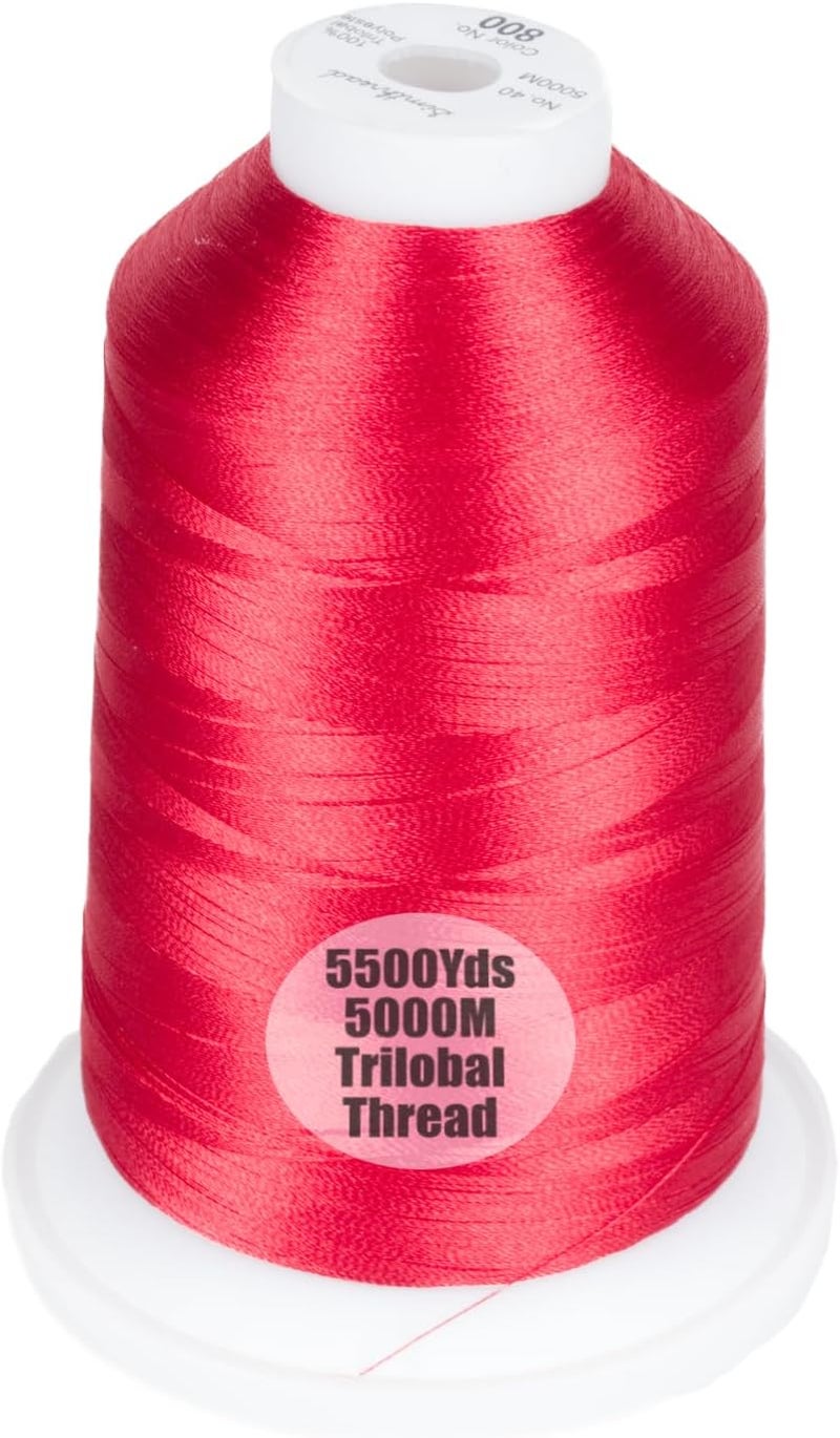 simthread Trilobal Polyester Thread – 5000M (5500yds) No.40 – Super Sheen, Tangle-Free – Built-in Thread Lock Spool – Compatible with Brother, Singer, Janome & More, Red-800 - Image 1